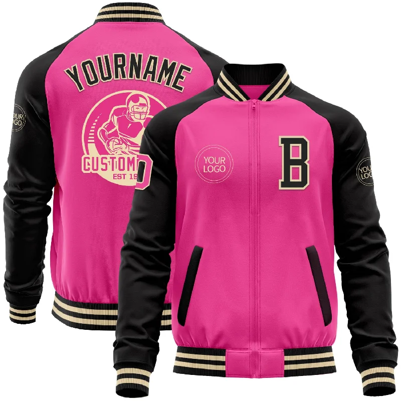 Fishing rod storage rack-Custom Pink Cream-Black Bomber Varsity Letterman Two Tone Zipper Jacket