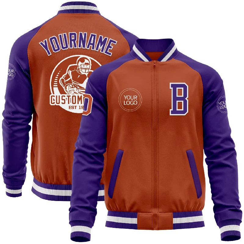 Fishing rod baitcasting-Custom Texas Orange White-Purple Bomber Varsity Letterman Two Tone Zipper Jacket