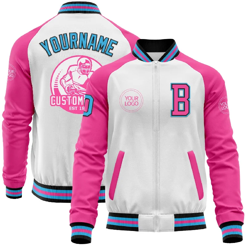 Fishing hook sharpener tool-Custom White Sky Blue Black-Pink Bomber Varsity Letterman Two Tone Zipper Jacket