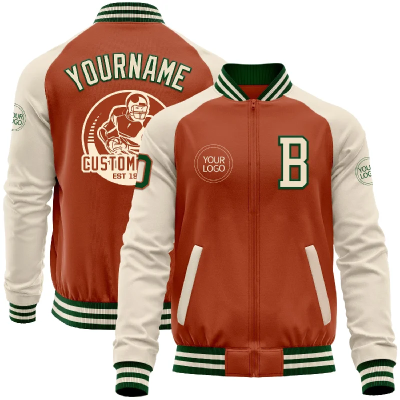 Fishing rod length options-Custom Texas Orange Green-Cream Bomber Varsity Letterman Two Tone Zipper Jacket