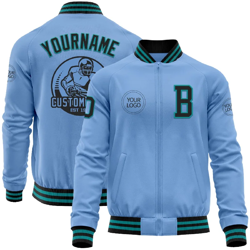 Fishing line stripper-Custom Light Blue Black-Teal Bomber Varsity Letterman Zipper Jacket