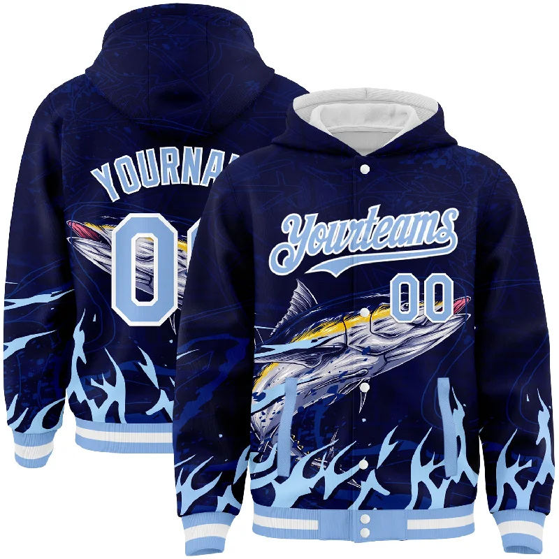 Fishing rod storage rack-Custom Navy Light Blue-White Tuna Fish Fishing 3D Bomber Full-Snap Varsity Letterman Hoodie Jacket