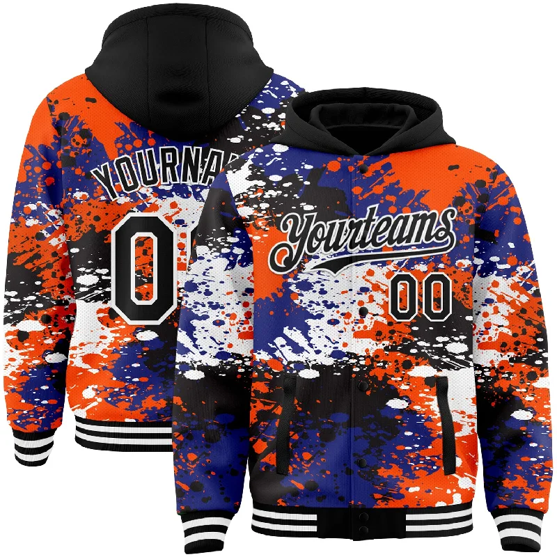 Fishing tackle spacious-Custom Black Orange-Royal Abstract Splash Grunge Art 3D Pattern Design Bomber Full-Snap Varsity Letterman Hoodie Jacket