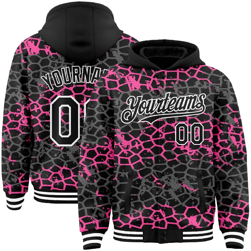 Fishing bait attractor-Custom Black Pink-White Abstract Network 3D Pattern Design Bomber Full-Snap Varsity Letterman Hoodie Jacket