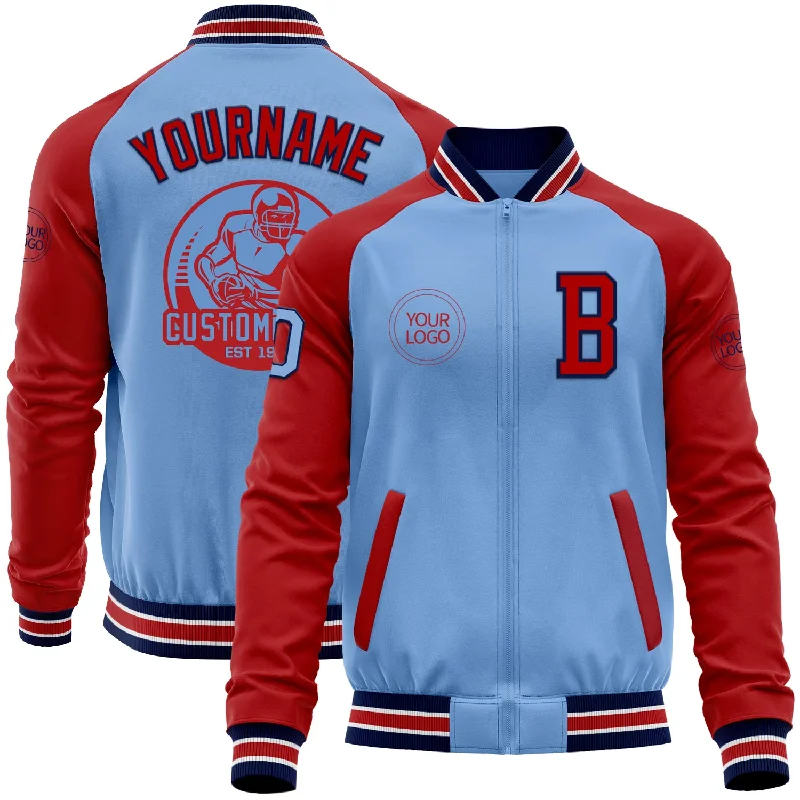 Fishing reel fast action-Custom Light Blue Navy-Red Bomber Varsity Letterman Two Tone Zipper Jacket