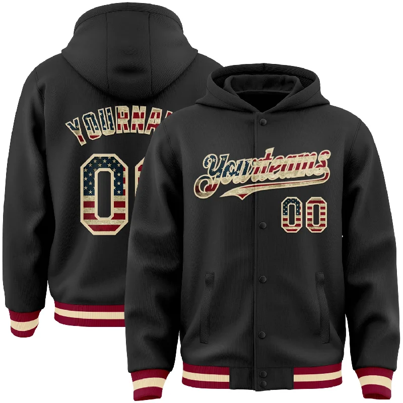 Fishing tackle side bag-Custom Black Vintage USA Flag Cream-Maroon Bomber Full-Snap Varsity Letterman Hoodie Jacket