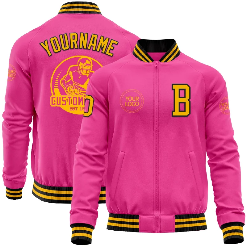 Fishing hook barbed-Custom Pink Gold-Black Bomber Varsity Letterman Zipper Jacket