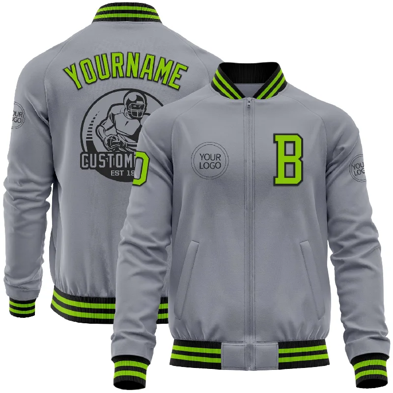 Fishing rod slow action-Custom Gray Neon Green-Black Bomber Varsity Letterman Zipper Jacket