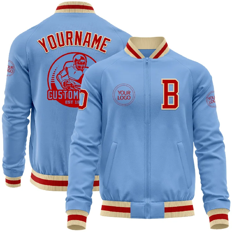 Ice fishing shelter-Custom Light Blue Red-Cream Bomber Varsity Letterman Zipper Jacket