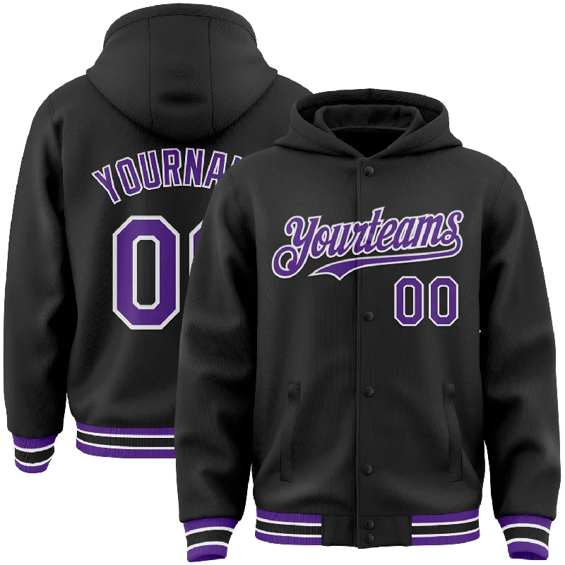 Fishing bait rig-Custom Black Purple-White Bomber Full-Snap Varsity Letterman Hoodie Jacket