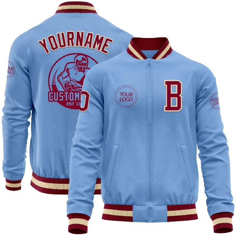 Fishing rod strong grip-Custom Light Blue Maroon-Cream Bomber Varsity Letterman Zipper Jacket