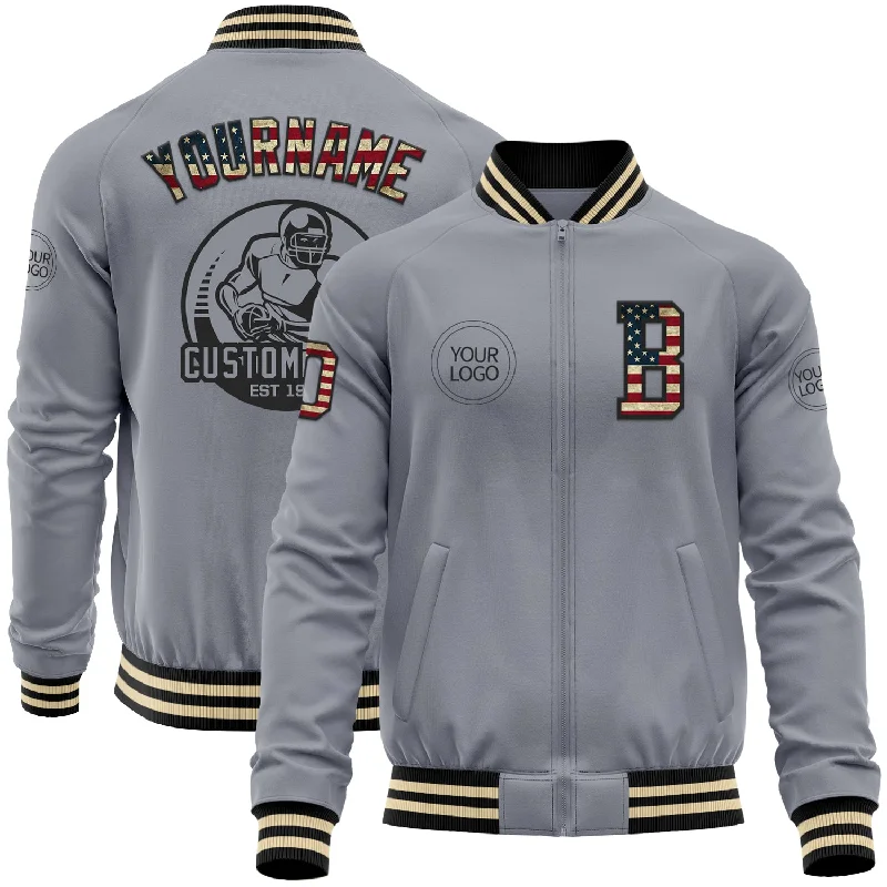 Fishing hook easy tie-Custom Gray Vintage USA Flag Black-Cream Bomber Varsity Letterman Zipper Jacket