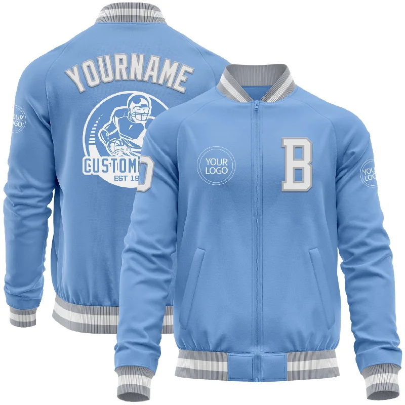 Fishing line extra long-Custom Light Blue White-Gray Bomber Varsity Letterman Zipper Jacket