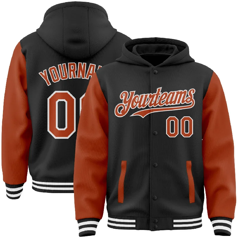 Fishing reel lightweight-Custom Black Texas Orange-White Bomber Full-Snap Varsity Letterman Two Tone Hoodie Jacket