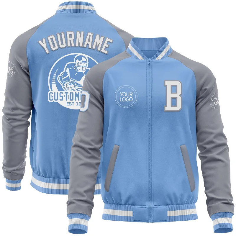 Fishing rod foldable-Custom Light Blue White-Gray Bomber Varsity Letterman Two Tone Zipper Jacket