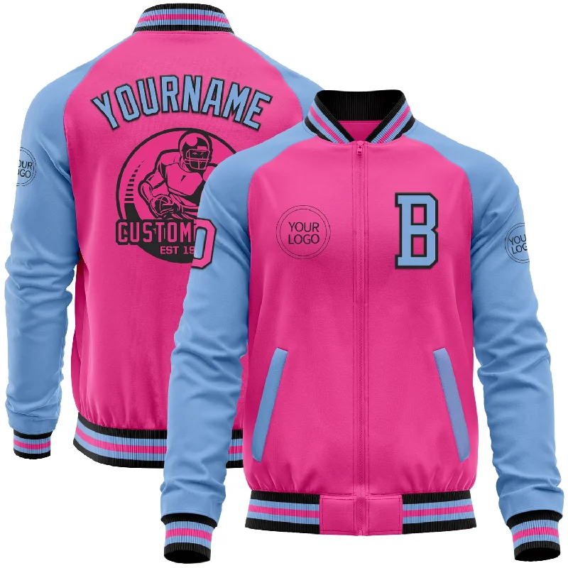 Fishing reel tool-Custom Pink Black-Light Blue Bomber Varsity Letterman Two Tone Zipper Jacket