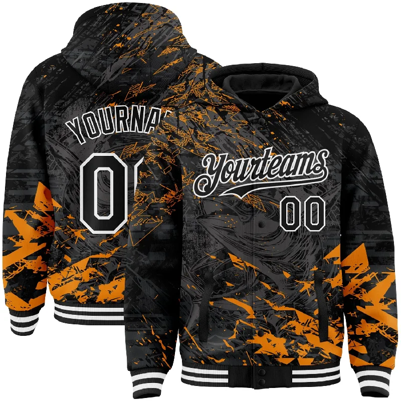 Fishing rod protector-Custom Black Orange-White Tuna Fish Fishing 3D Bomber Full-Snap Varsity Letterman Hoodie Jacket