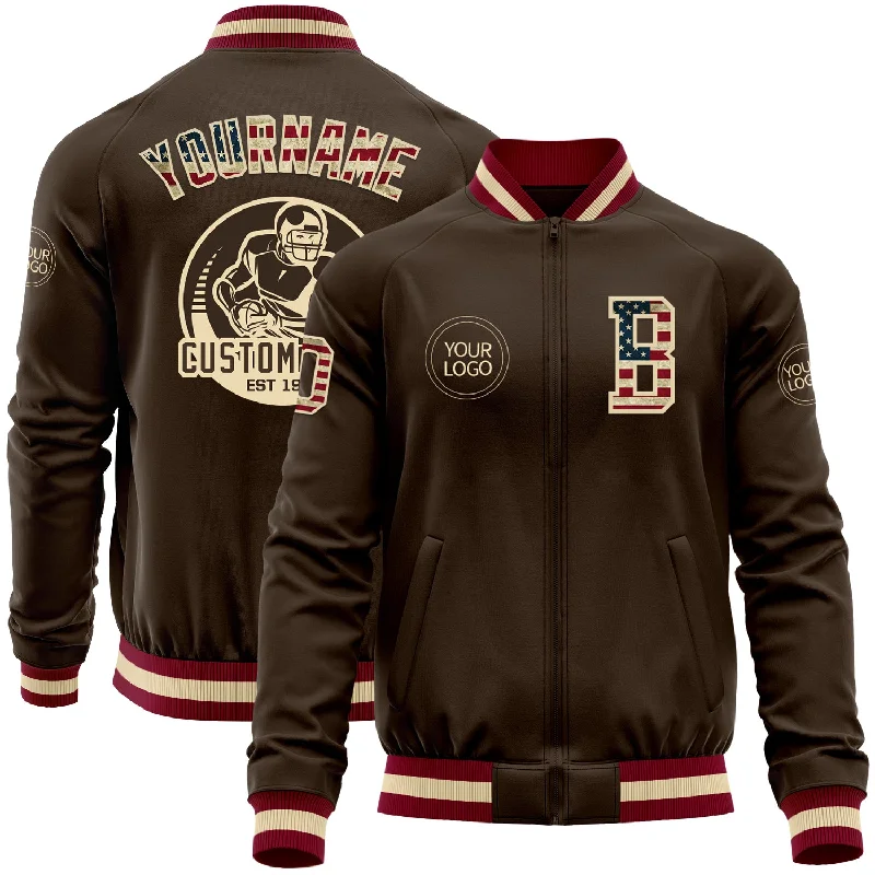 Fishing bait live keeper-Custom Brown Vintage USA Flag Cream-Maroon Bomber Varsity Letterman Zipper Jacket