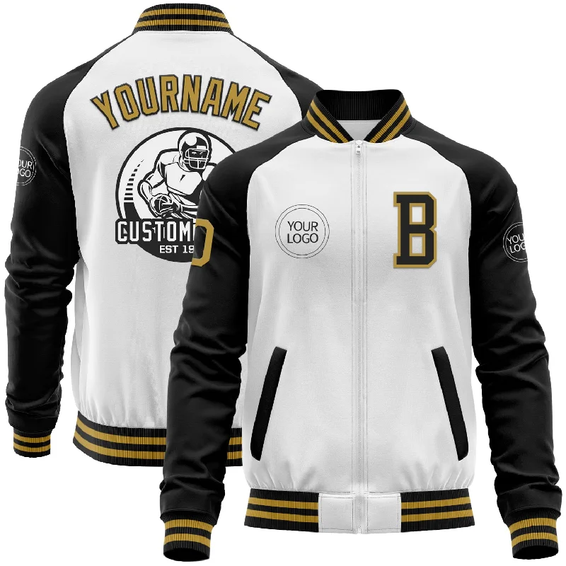 Fishing bait mixer-Custom White Old Gold-Black Bomber Varsity Letterman Two Tone Zipper Jacket