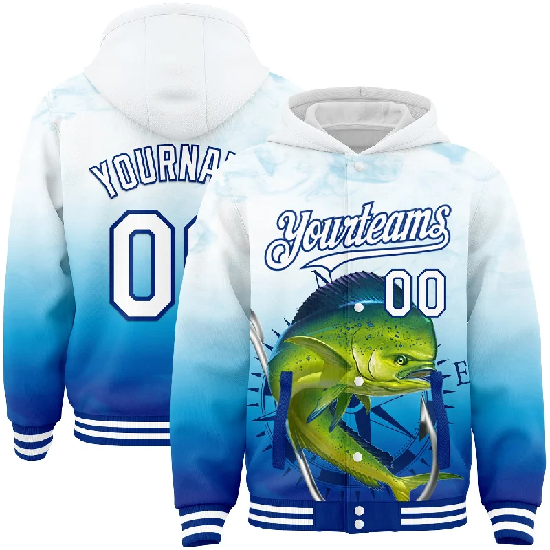 Fishing rod mount-Custom Lakes Blue White-Royal Mahimah Fish Fishing 3D Bomber Full-Snap Varsity Letterman Hoodie Jacket