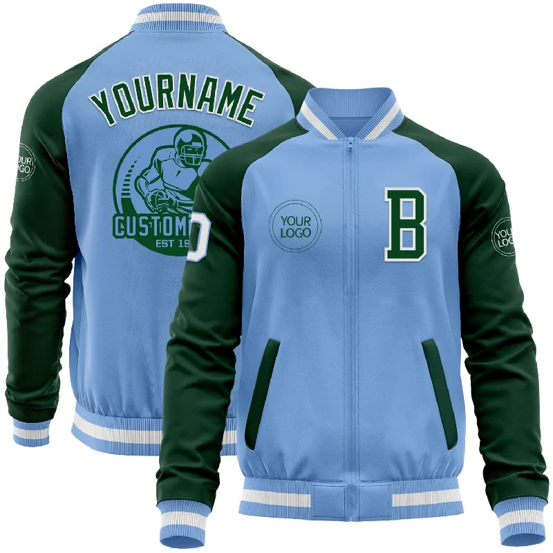 Fishing line durable cast-Custom Light Blue White-Green Bomber Varsity Letterman Two Tone Zipper Jacket