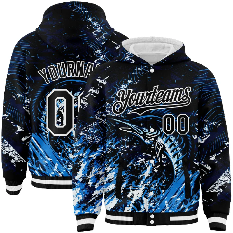 Fishing rod holder adjustable-Custom Navy Black-White Marlin Fish Fishing 3D Bomber Full-Snap Varsity Letterman Hoodie Jacket