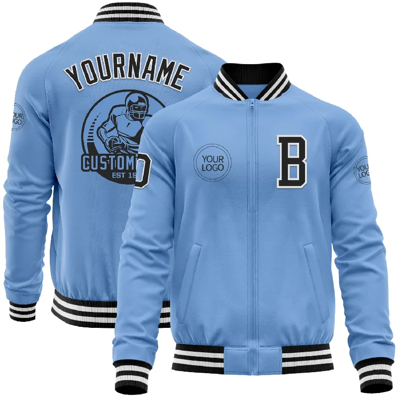 Fishing reel oil-Custom Light Blue Black-White Bomber Varsity Letterman Zipper Jacket