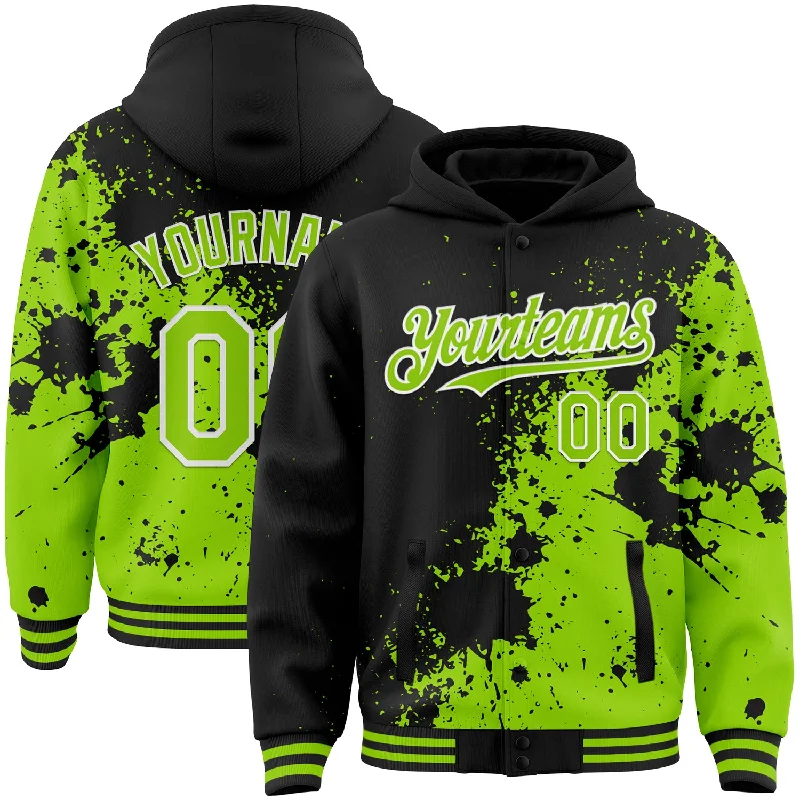 Fishing rod portable-Custom Black Neon Green-White Abstract Splash Grunge Art 3D Pattern Design Bomber Full-Snap Varsity Letterman Hoodie Jacket