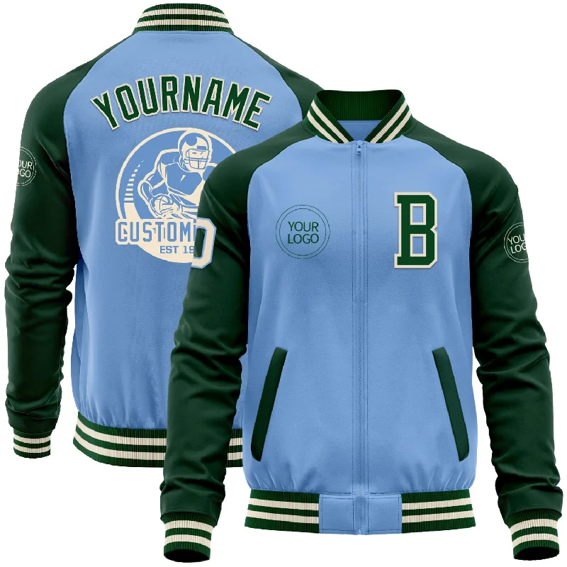 Fishing rod budget-Custom Light Blue Cream-Green Bomber Varsity Letterman Two Tone Zipper Jacket