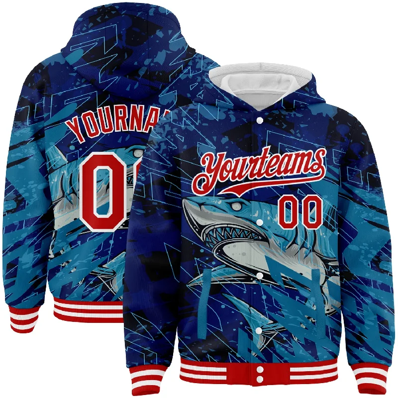 Fishing rod cover-Custom Royal Red-White Marlin Fish Fishing 3D Bomber Full-Snap Varsity Letterman Hoodie Jacket